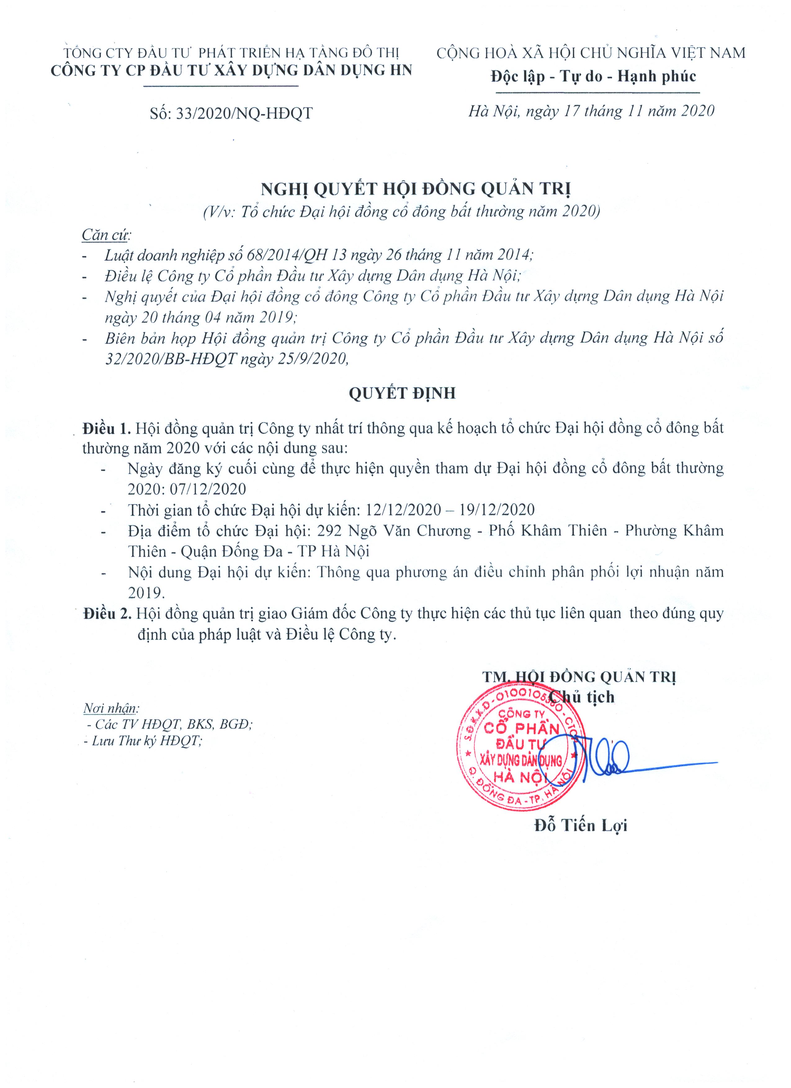 Nghị quyết HĐQT về việc tổ chức Đại hội Đồng cổ đông bất thường năm 2020