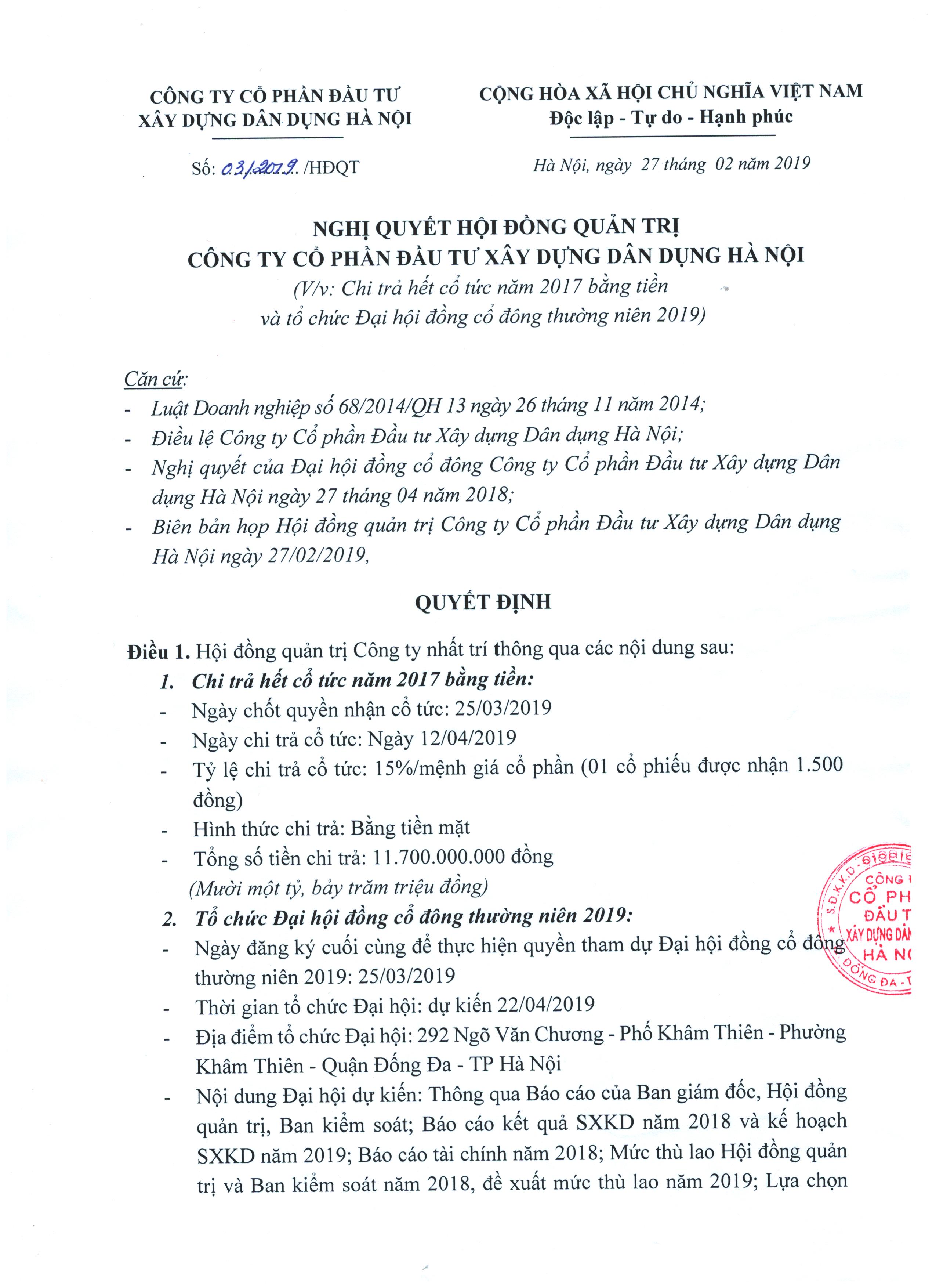 Nghị quyết HĐQT về việc chi trả hết cổ tức năm 2017 bằng tiền và tổ chức ĐHĐCĐ thường niên 2019