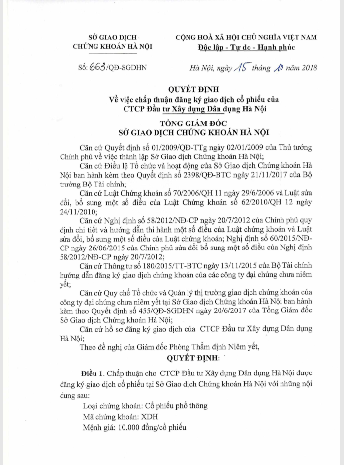 Quyết định về việc chấp thuận đăng ký giao dịch cổ phiếu của Công ty CP Đầu tư Xây dựng Dân dụng Hà Nội