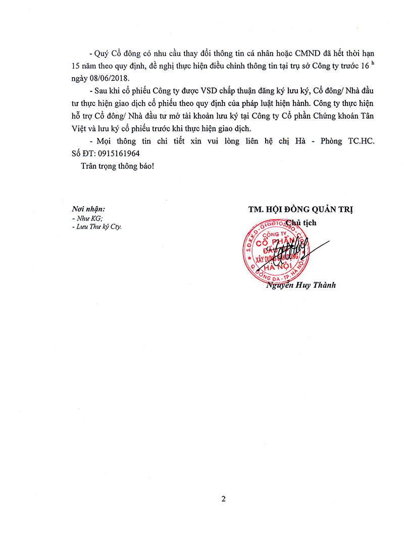 Thông báo về việc chốt cổ đông để làm thủ tục đăng ký lưu ký cổ phiếu của Công ty tại Trung tâm Lưu ký Chứng khoán Việt Nam