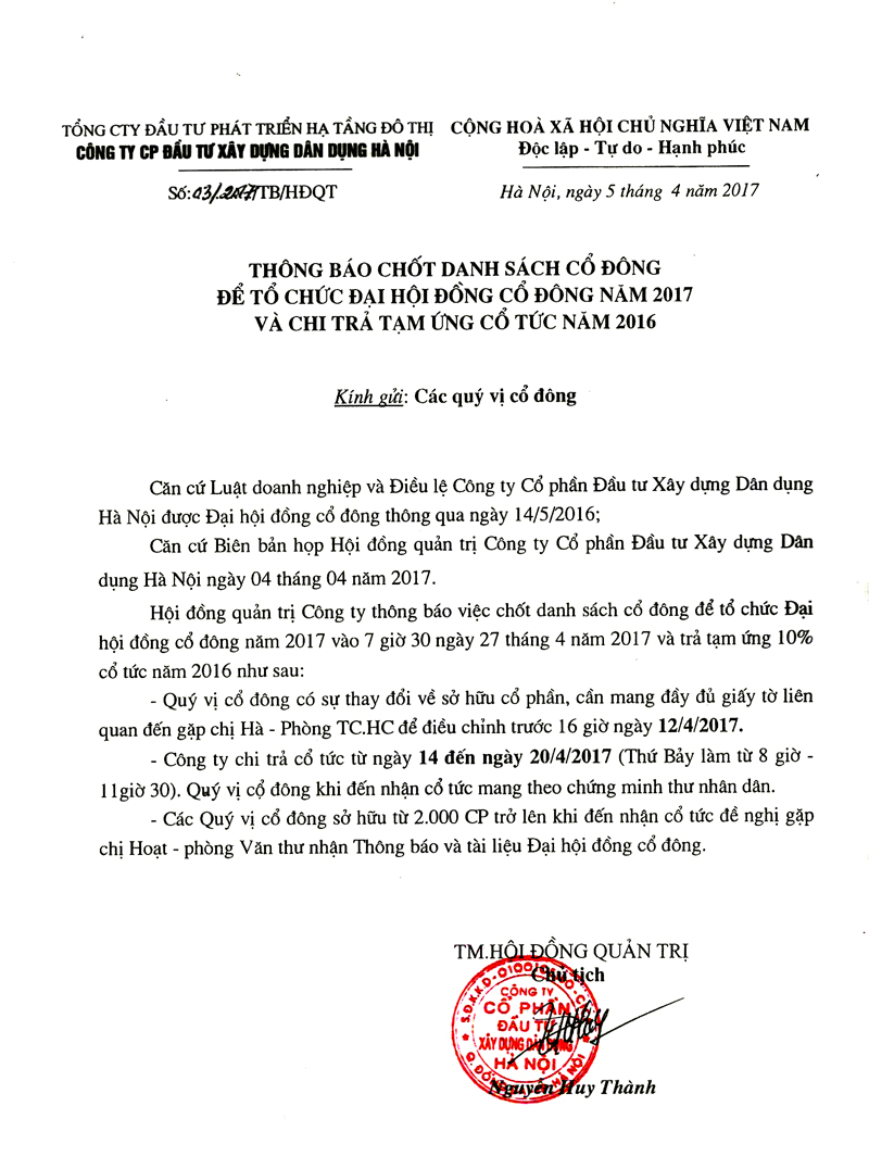 Thông báo chốt danh sách cổ đông để tổ chức Đại hội cổ đông năm 2017 và chi trả tạm ứng cổ tức năm 2016