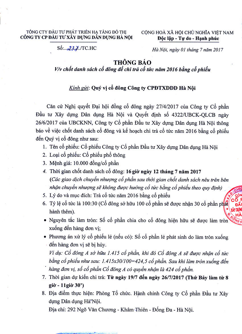 Thông báo về việc chốt danh sách cổ đông để chi trả cổ tức năm 2016 bằng cổ phiếu..