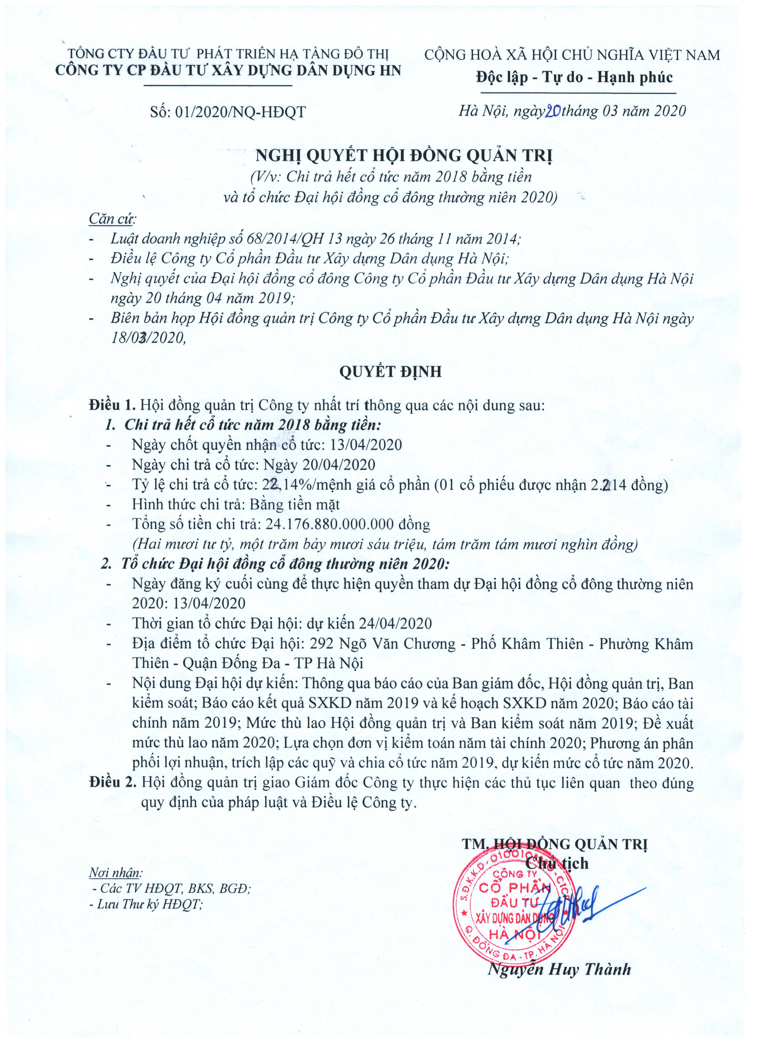 Nghị quyết thông qua việc chi trả hết cổ tức 2018 và tổ chức Đại hội Đồng cổ đông thường niên 2020