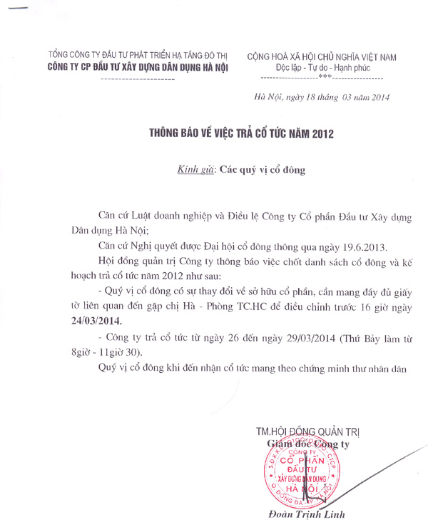 Thông báo trả cổ tức năm 2012