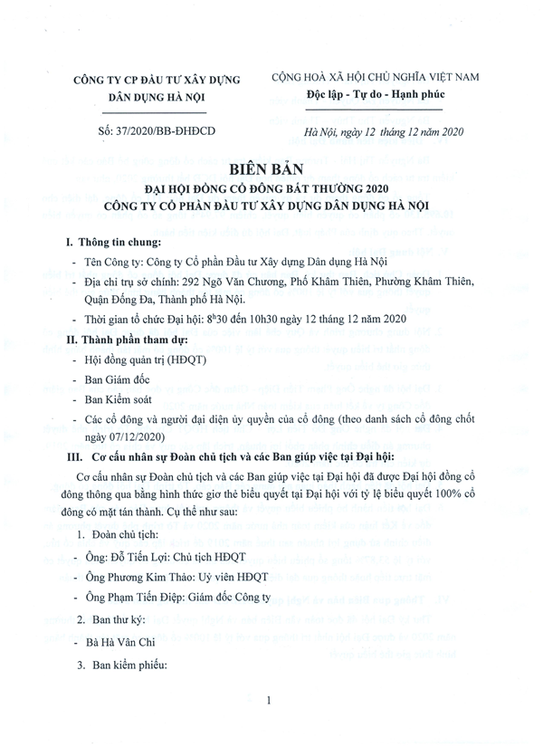 Biên bản và Nghị quyết Đại hội Đồng cổ đông bất thường 2020