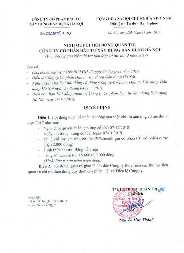 Nghị quyết HĐQT Công ty về việc trả cổ tức đợt 3 năm 2017