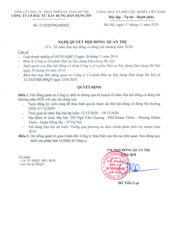 Nghị quyết HĐQT về việc tổ chức Đại hội Đồng cổ đông bất thường năm 2020