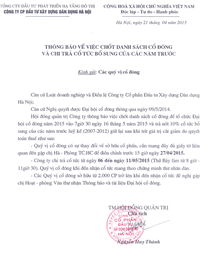 Thông báo chốt danh sách cổ đông 2015