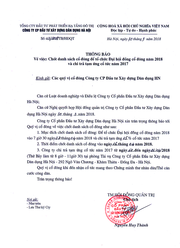 Thông báo chốt danh sách cổ đông để tổ chức Đại hội đồng cổ đông năm 2018 và chi trả tạm ứng cổ tức năm 2017