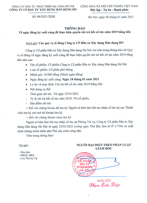 Thông báo gửi cổ đông về ngày đăng ký cuối cùng thực hiện quyền chi trả hết cổ tức năm 2019 bằng tiền