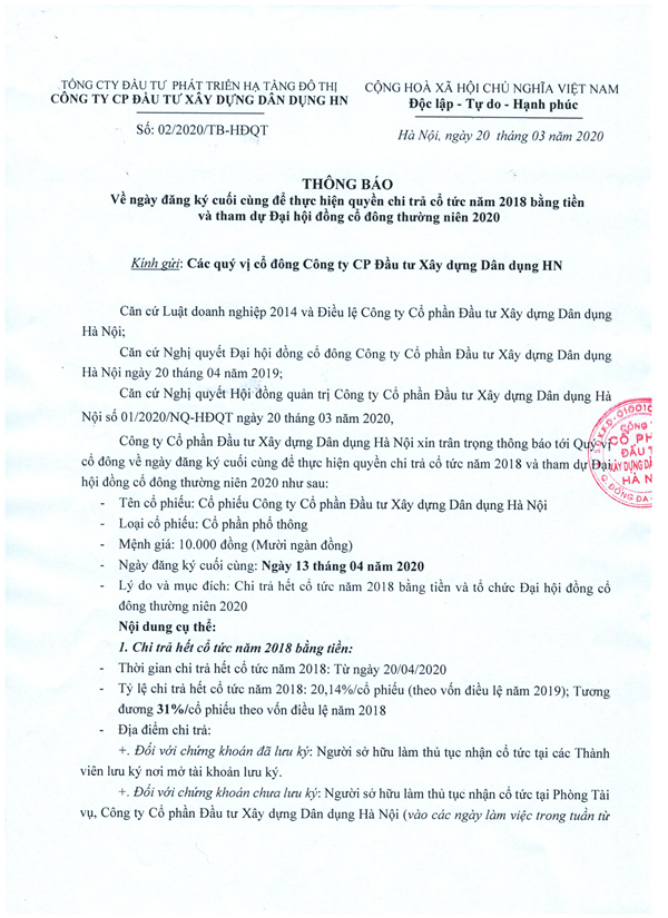 Thông báo về ngày đăng ký cuối cùng thực hiện quyền chi trả cổ tức năm 2018 và tham dự Đại hội Đồng cổ đông thường niên 2020