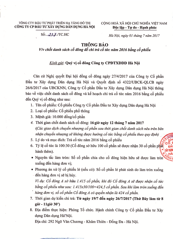 Thông báo về việc chốt danh sách cổ đông chi trả cổ tức năm 2016 bằng cổ phiếu