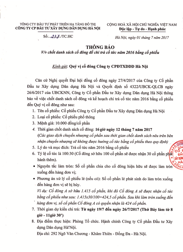 Thông báo về việc chốt danh sách cổ đông để chi trả cổ tức năm 2016 bằng cổ phiếu..