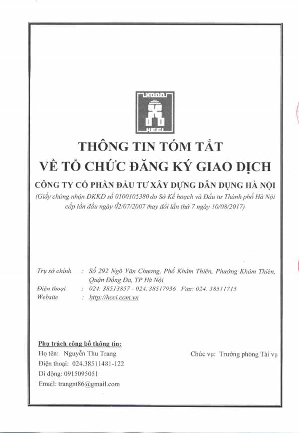 Thông tin tóm tắt về tổ chức đăng ký giao dịch Công ty CP Đầu tư Xây dựng Dân dụng Hà Nội