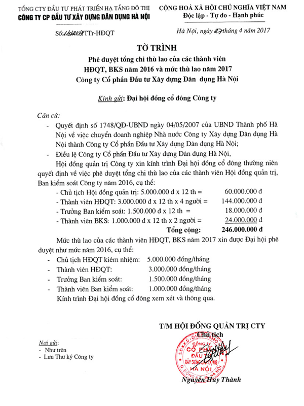 Tờ trình phê duyệt tổng chi thù lao của các thành viên HĐQT, BKS năm 2016 và mức thù lao năm 2017